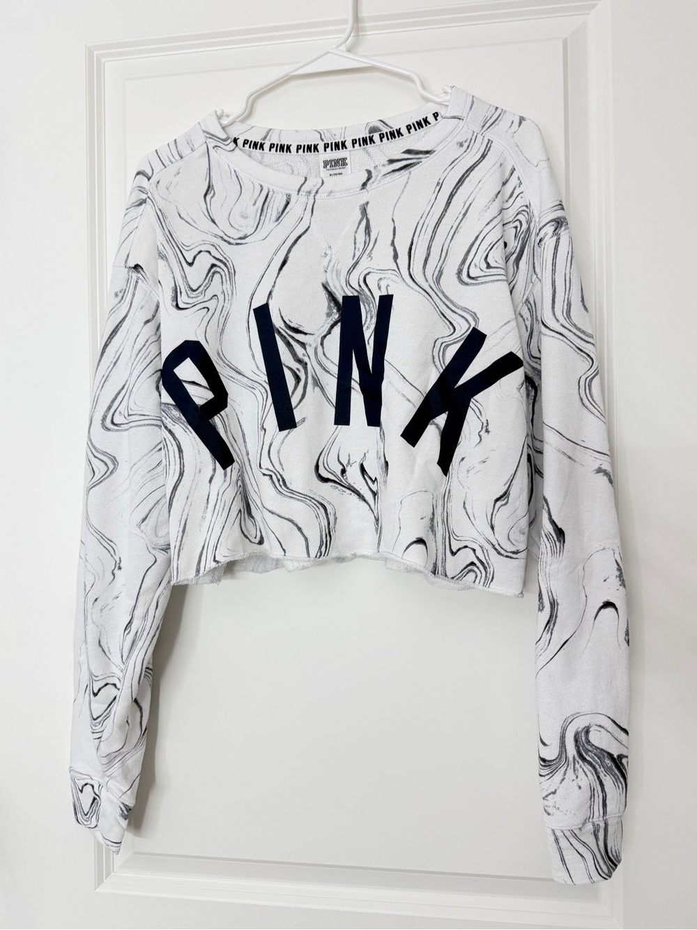Victoria's Secret PINK Cropped Crewneck Sweatshirt Black & White Marble